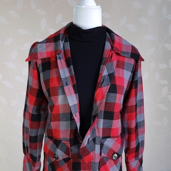 Vintage 60s 70s Buffalo Plaid Dagger Collar Handmade Popover Tunic Top Red Gray - Picture 15 of 16